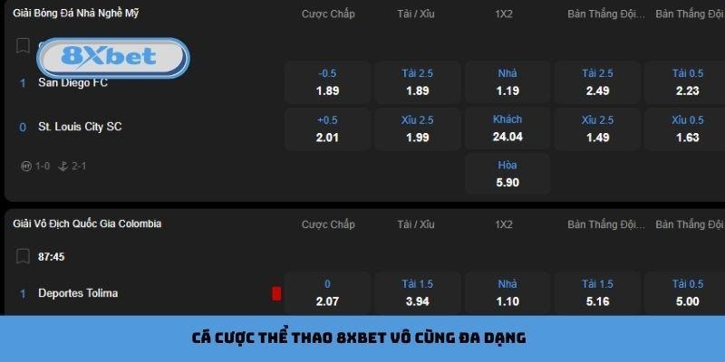 Cá cược thể thao 8xbet vô cùng đa dạng